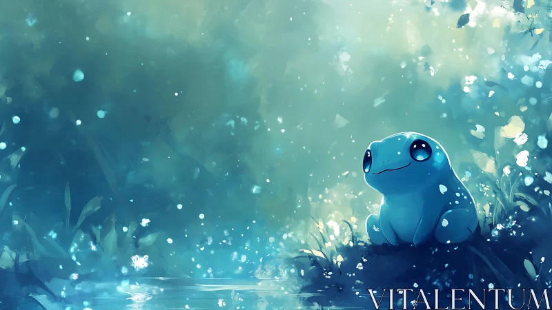 Luminous amphibian study beside reflective riparian waterway.