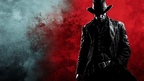 Dark cowboy gunfighter silhouette on red textured background