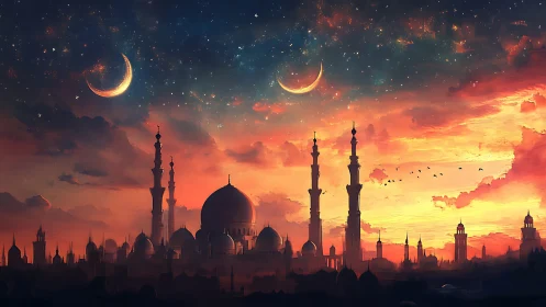 Twin crescents rise above a glowing fantasy desert skyline