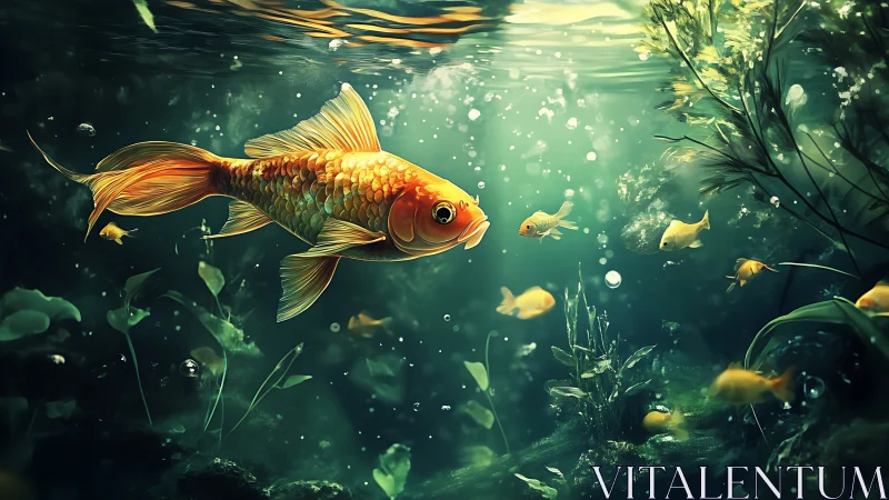 Large orange koi swims underwater among plants and bubbles
