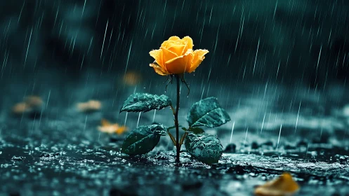 Yellow Rose Blooming Through Storm Rain.