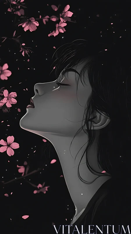 Monochrome profile portrait with drifting sakura petals at night.