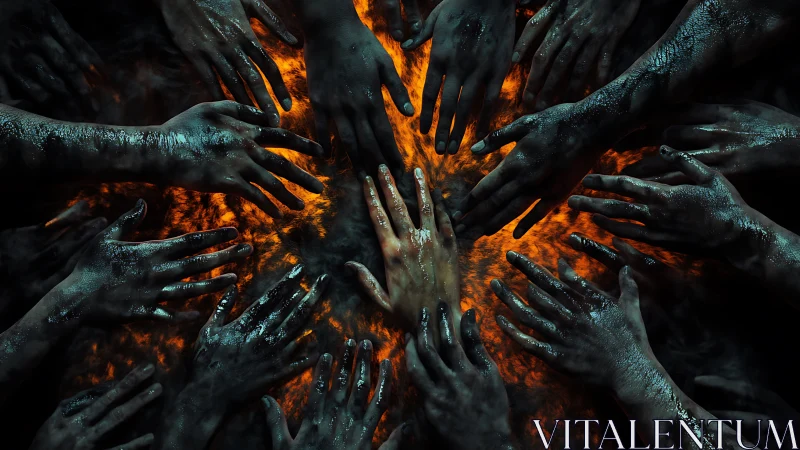 Circle of charred hands reaching toward central burning light