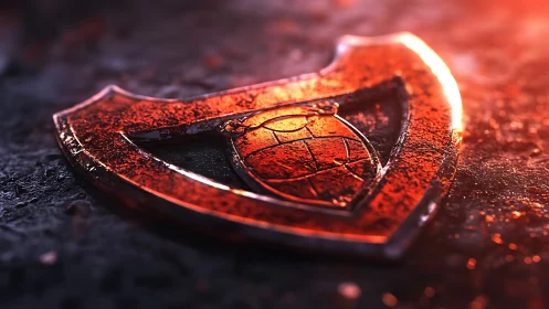 Emberlit shield crest glows like forged code in twilight