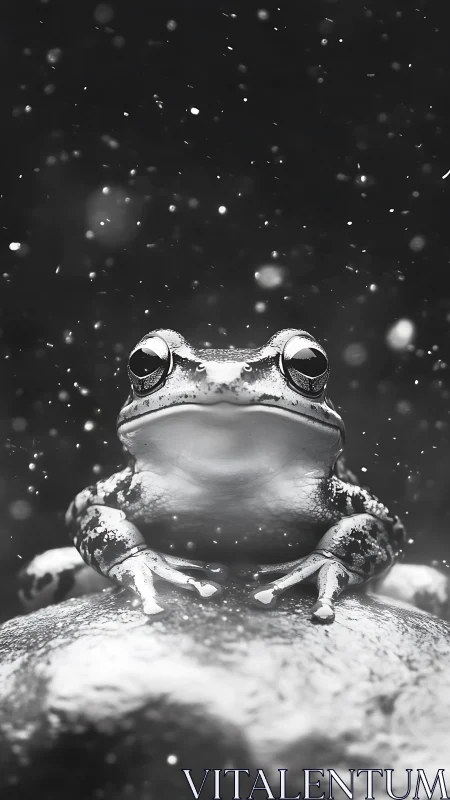 Monochrome macro portrait of reflective frog on wet stone