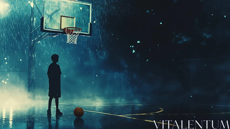 Silhouetted boy studies rainy basketball hoop under blue light