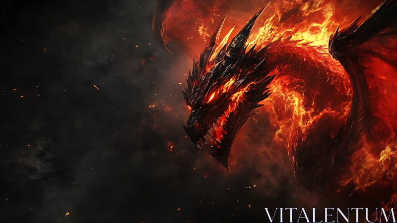 Infernal dragon erupts from blazing storm of molten fire.