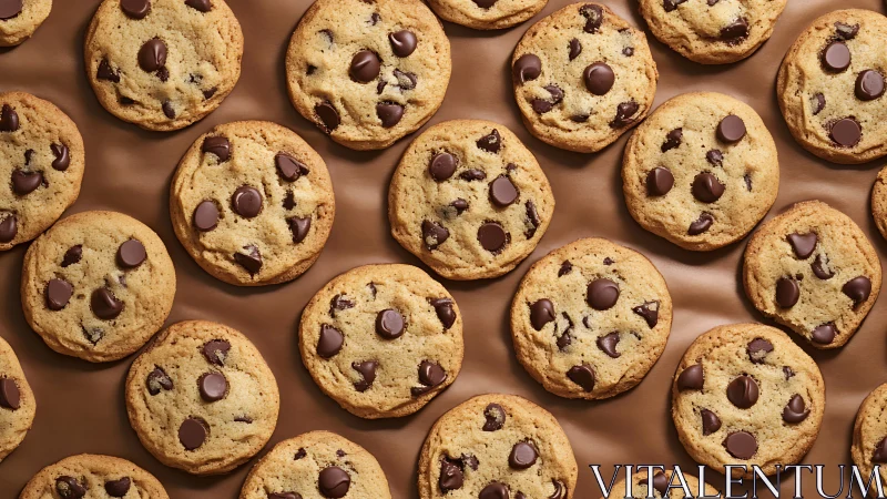 Rows of golden chocolate chip cookies on brown background.