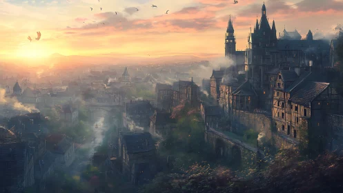 Sunlit medieval cityscape with fortified cliffside citadel.