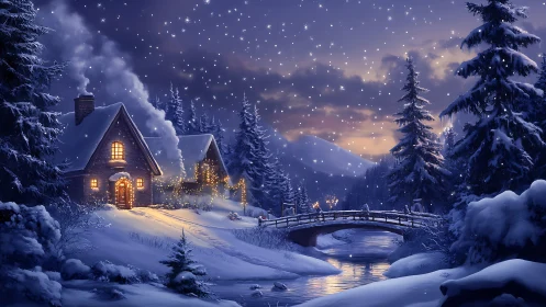 Snow-covered riverside cabins glow against twilight sky