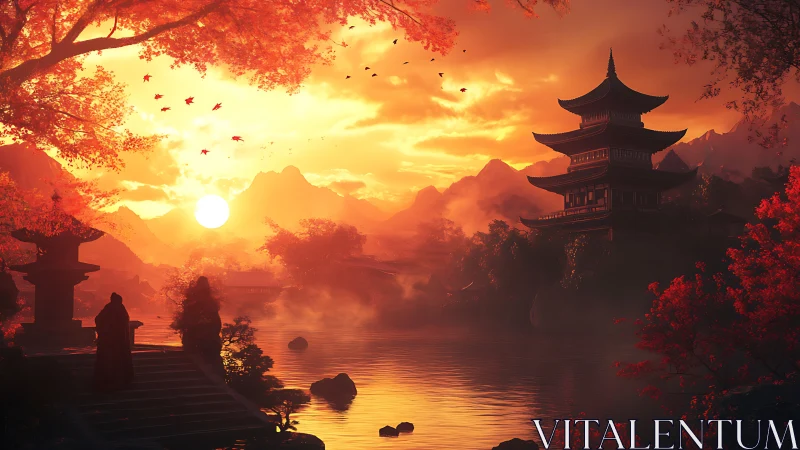 Sunlit pagoda dominates misty autumn lake at dramatic sunset