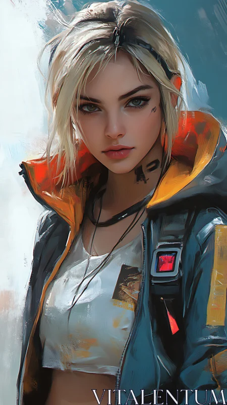 Cyberpunk street runner portrait with orange tech jacket