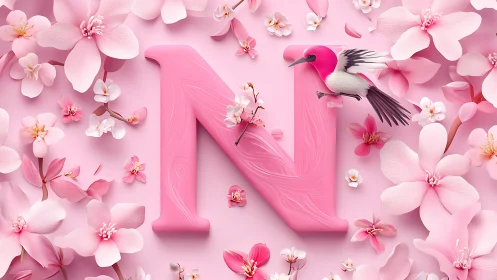 Letter N in pink floral composition with hummingbird motif.