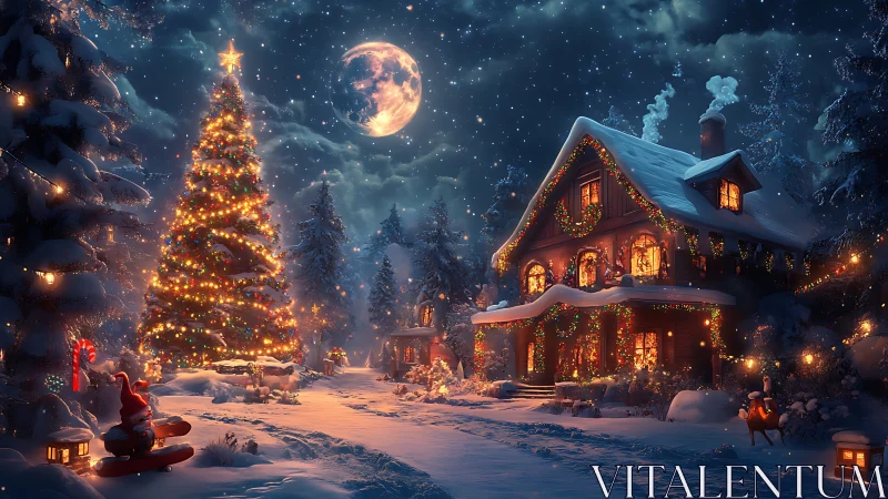 Snowy Christmas cottage under full moon with lit tree.