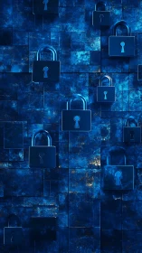 Floating blue padlocks form abstract cybersecurity interface