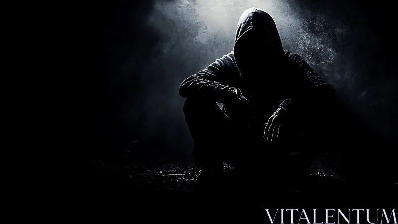 Hooded figure crouching in dark moody low key lighting.