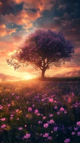 Solitary blossom tree drinks the last light of sunset