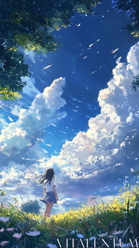 Girl stands in sunlit meadow under vast drifting clouds.