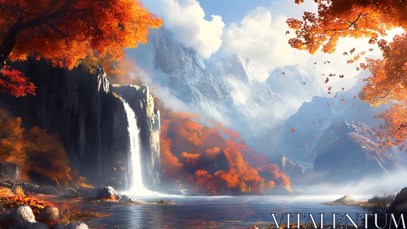 Crimson waterfalls and quiet mountains in a bright autumn hush.
