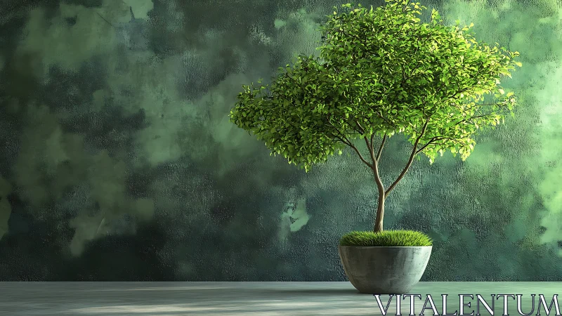Potted ornamental tree stands before textured green wall