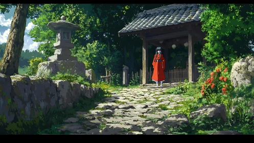 Stone path to shrine with girl in red kimono at noon light.