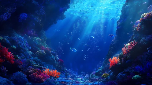 Submerged rocky reef corridor with fish and coral formations.