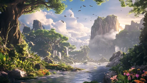 Lush fantasy valley with waterfalls under glowing sunrise.