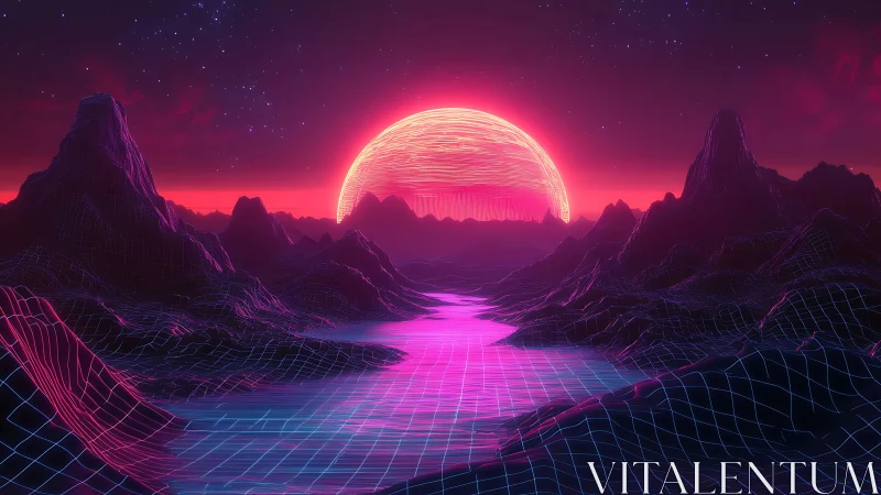 Neon wireframe terrain extends toward a stylized digital sun