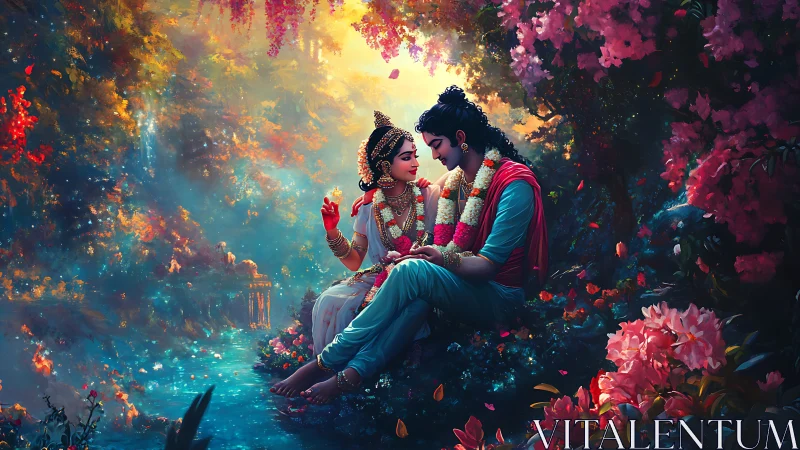 Divine Romance in Luminous Garden with Mythological Figures.