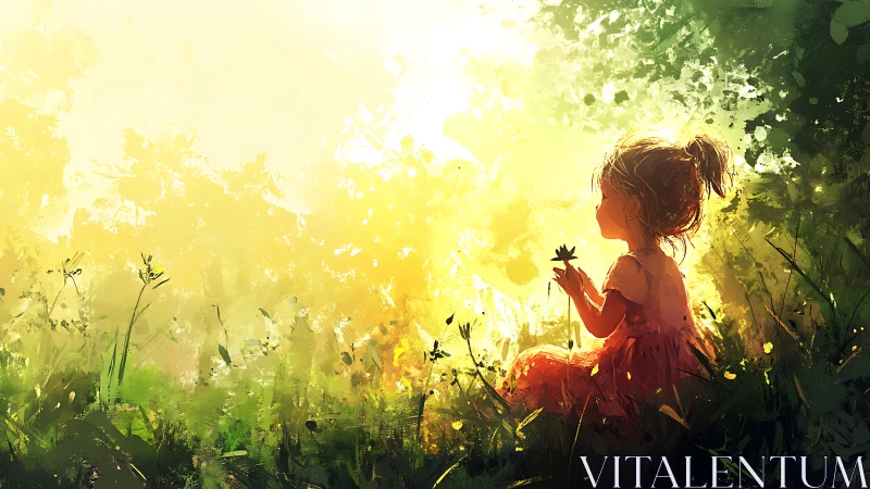 Sunlit daydream: child cradles clover in wild summer glow.
