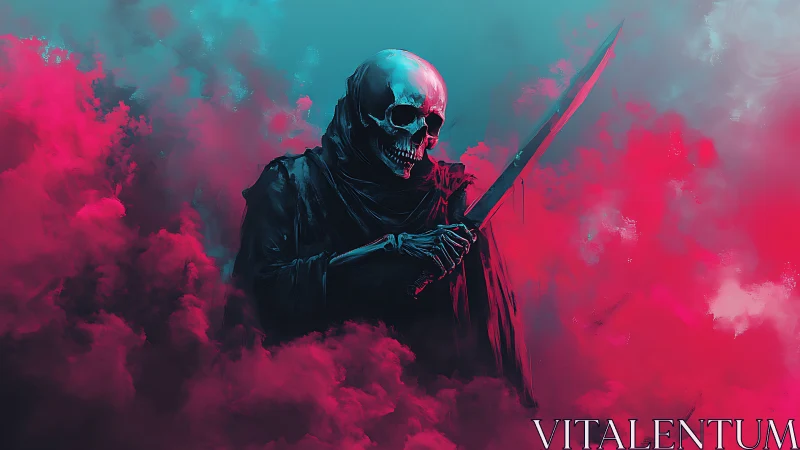 Hooded skeletal figure with sword amid cyan and magenta vapor.