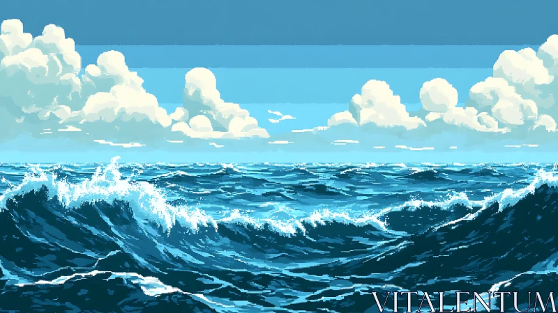 Pixel waves tumble under candy clouds in electric blue