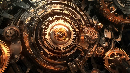 Radiant copper gear core within intricate clockwork matrix.