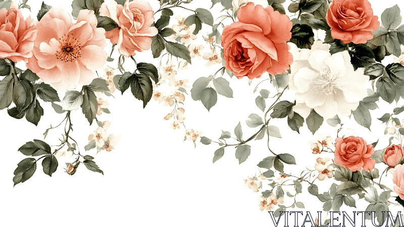 Coral and White Garden Roses with Cascading Foliage