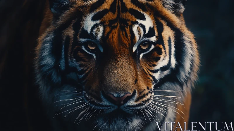 Low key frontal portrait of Bengal tiger with shallow depth