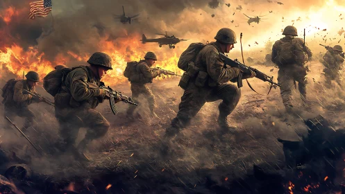 Soldiers advance through blazing battlefield under fire.