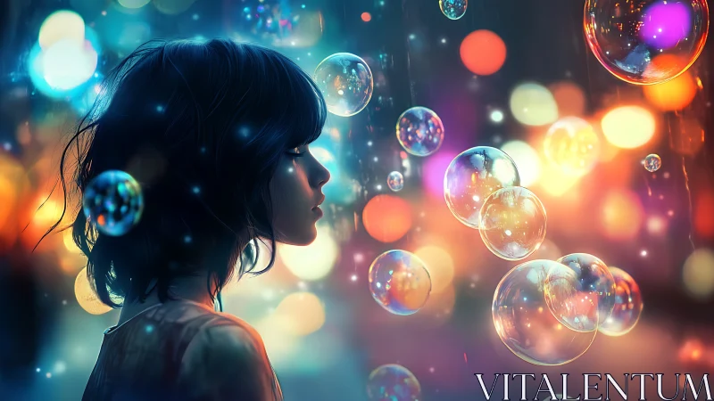 Dreamy girl surrounded by glowing bubbles and city lights.