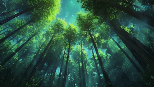 Towering Old-Growth Forest Canopy with Ethereal Cyan Luminescence and Radiant Foliage