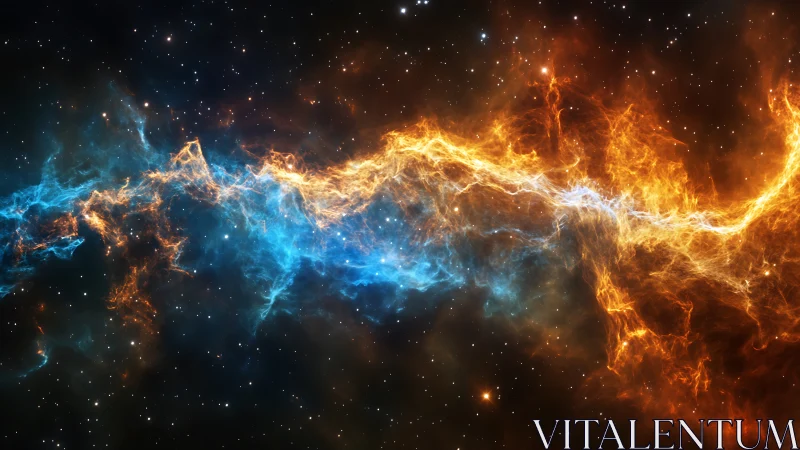 Bipolar plasma filament dividing blue and orange stellar nebulae.