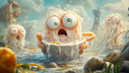 Noodle-eyed marshmallow critters scream in dreamy soupscape.