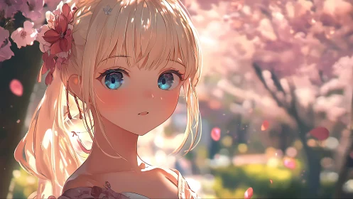 Blonde anime girl under cherry blossoms in soft focus.