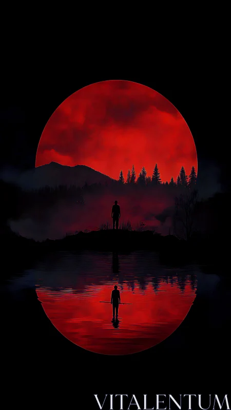 Twin silhouettes under a bloodred moon and mirrored abyss.