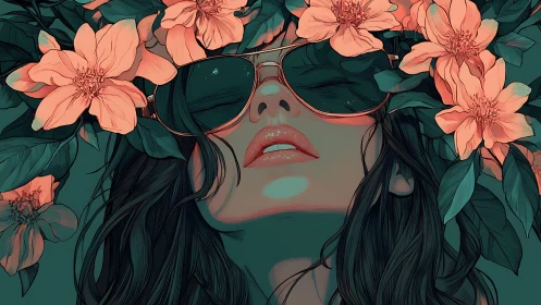 Woman in sunglasses framed by large flowers and foliage.