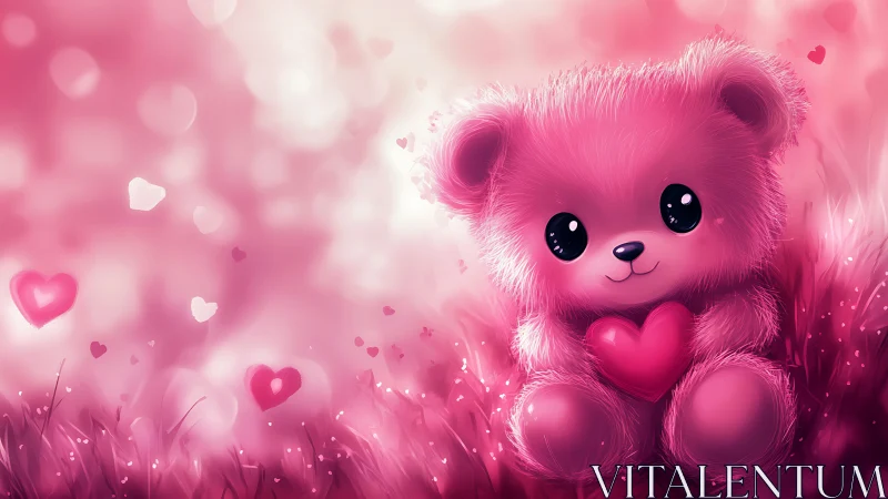 Pink digital teddy bear sits in grass holding heart shape
