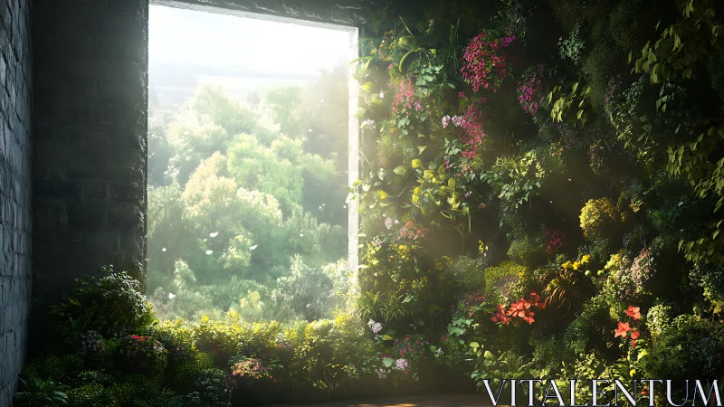 Sunlit vertical garden flourishing beside stone window frame.