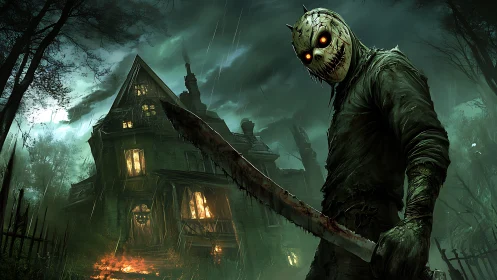 Masked killer stalks rain-soaked haunted house at night.