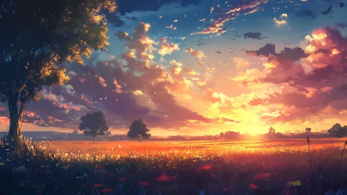 Sunset over open field with glowing sky and trees.