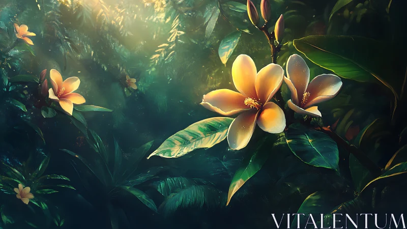 Illuminated Tropical Flowers in Verdant Foliage Setting