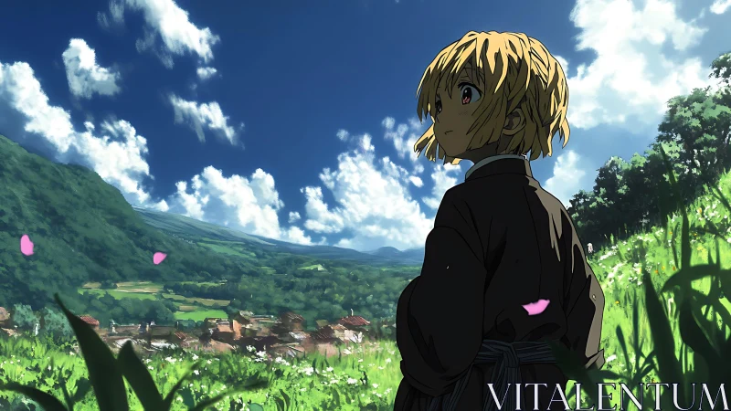 Anime girl in green hillside field above distant village