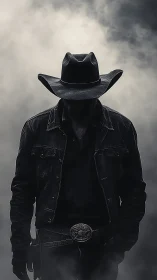 Silhouetted cowboy in smoke-dense backlight forms noir portrait